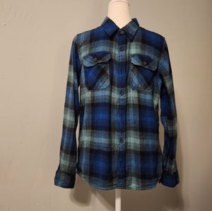 Boys XL Black Blue Green Button Up Flannel Shirt
